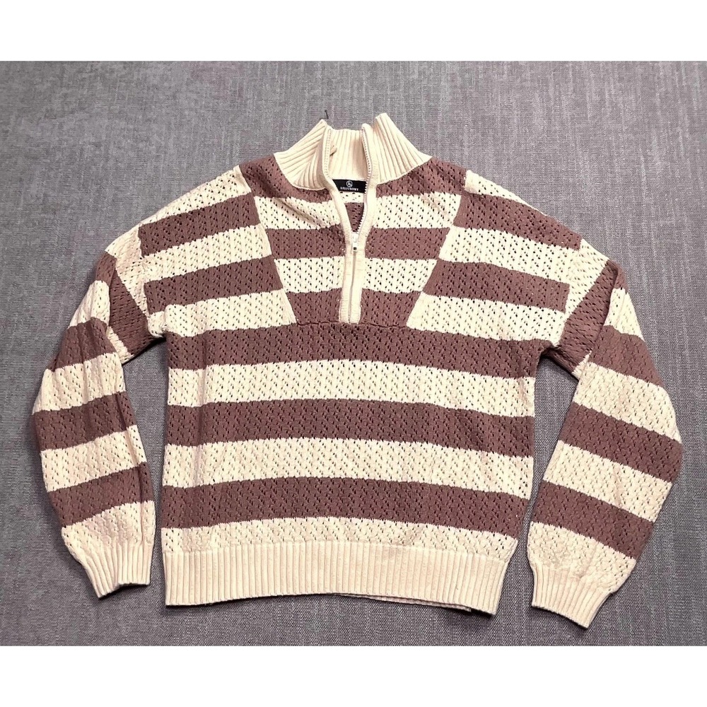 Lillusory Crochet Knit Sweater Womens Medium Beige Brown Striped Quarter Zip